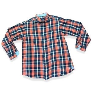 CREMIEUX CLASSIC 100% COTTON NAVY & CORAL PLAID LONG SLEEVE BUTTON DOWN SHIRT